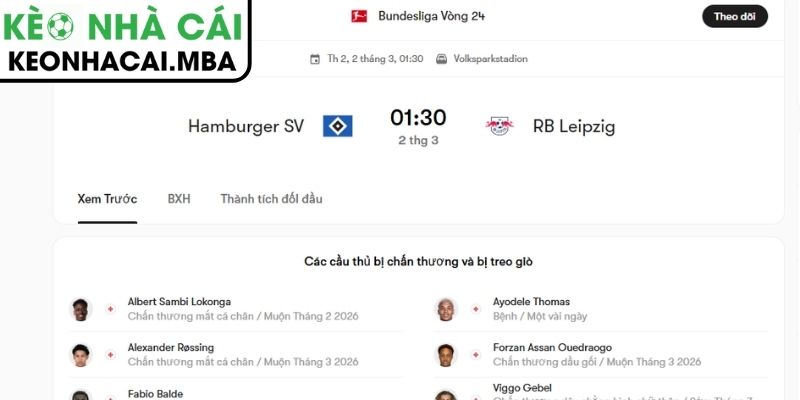 Kèo châu Á trận Hamburger SV vs RB Leipzig (01:30 02/03, Bundesliga)