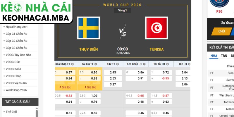 Kèo châu Á trận Thụy Điển vs Tunisia (09:00 15/06, Bảng F - World Cup 2026)