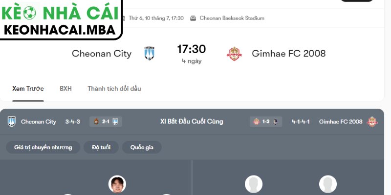 Dự đoán kết quả trận Cheonan City vs Gimhae City (17:30 10/07, K League 2 Hàn Quốc)
