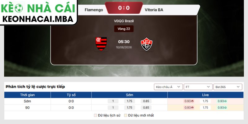 Kèo châu Á trận Flamengo vs Vitoria BA (05:30 10/08, VĐQG Brazil)