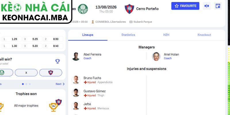 Dự đoán kết quả trận Palmeiras vs Cerro Porteno (03:00 12/08, Copa Libertadores)
