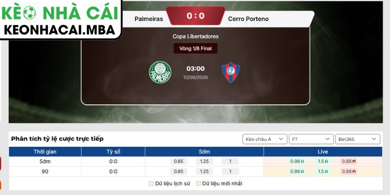 Kèo châu Á trận Palmeiras vs Cerro Porteno (03:00 12/08, Copa Libertadores)